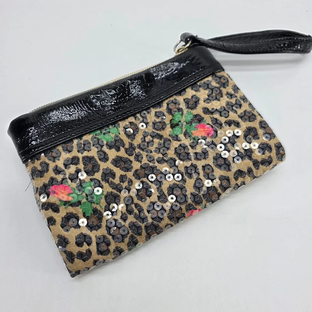 Betsey Johnson Wristlet Wallet Sequin Leopard Roses Gold Heart Bag Y2K Kitschy